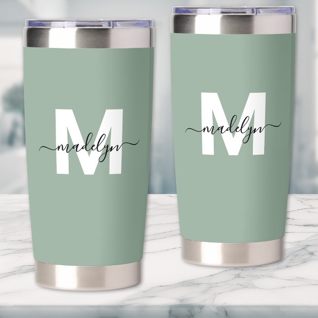 Gourde Isotherme Nom Monogramme Vert (Sage Green Modern Monogram Name Insulated Tumbler)