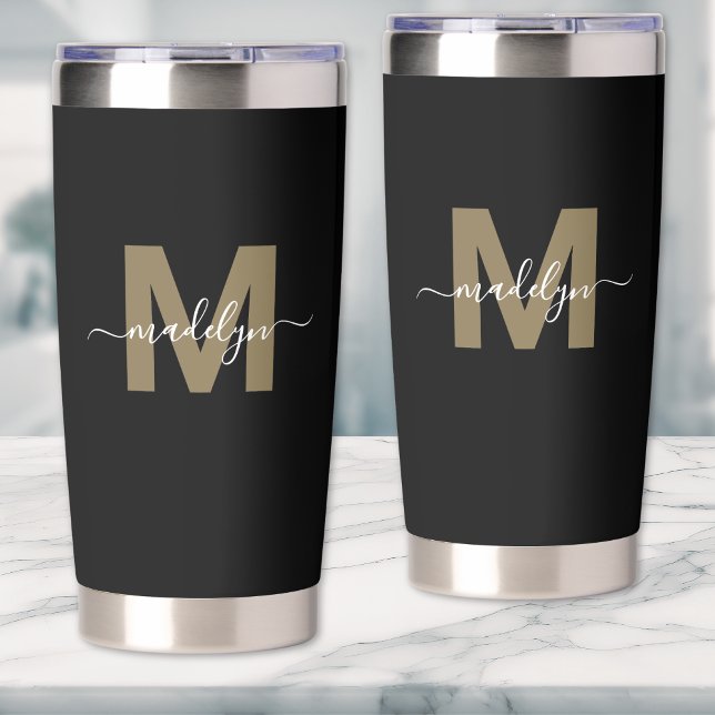 Gourde Isotherme Or Noir Nom Élégant Monogramme (Black Gold Elegant Name Monogram Insulated Tumbler)