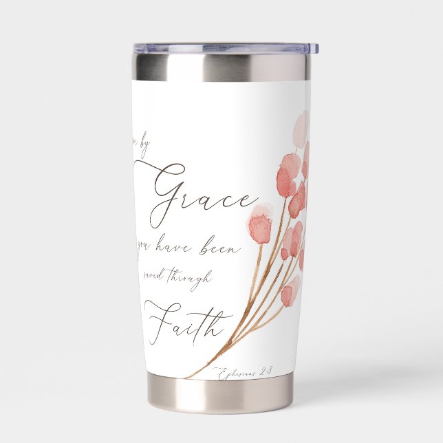Gourde Isotherme Par grâce vous avez sauvé, rose floral (Gauche)