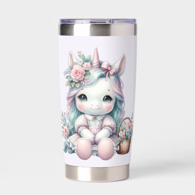 Gourde Isotherme Pastel Kawaii Unicorn Doll with Flower Basket (Extérieur)