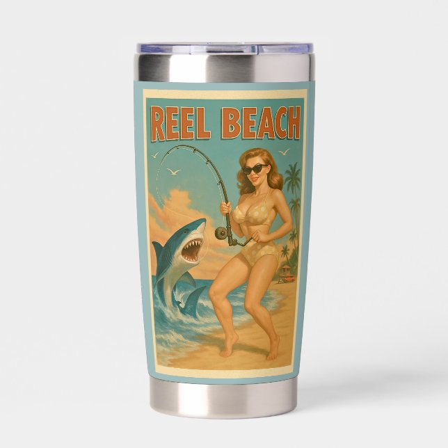 Gourde Isotherme Pêche au requin sur la plage, pin-up, art rétro cô (Extérieur)