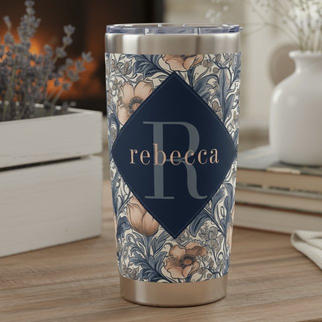 Gourde Isotherme Pêche Bleu Floral William Morris Monogramme Élégan (Créateur téléchargé)