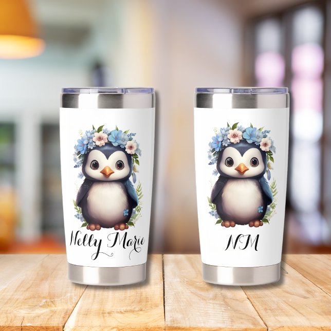 Gourde Isotherme Pingouins mignons blanc Nom et initiales personnal (Bilingual white insulated tumbler, custom name & initials, Multilingual Project)