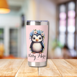 Gourde Isotherme Pingouins mignons rose Nom et initiales personnali