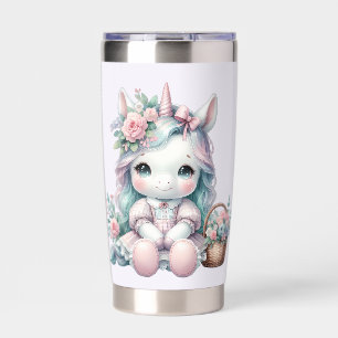Gourde Isotherme Poupée Licorne Kawaii Pastel avec Panier de Fleurs