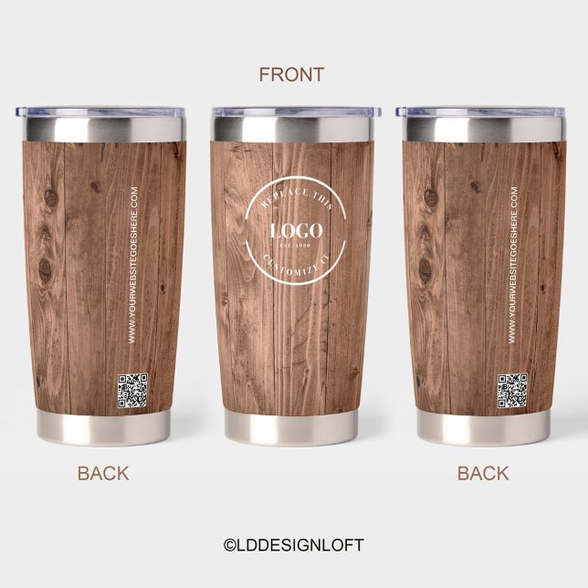 Gourde Isotherme Rustic Wood Grain Branded with logo Website (Branded insulated tumblers with logo, website and QR code. Rustic wood grain print texture.)