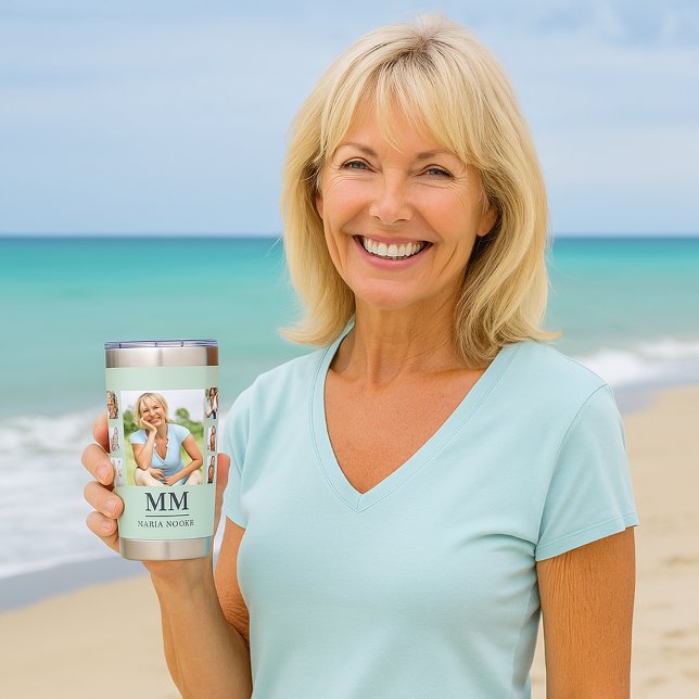 Gourde Isotherme Sage vert photo collage nom monogramme (Créateur téléchargé)