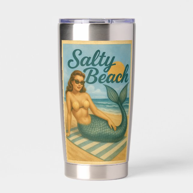 Gourde Isotherme Salty Beach Pin-Up Mermaid Art Retro Coastal Life (Extérieur)