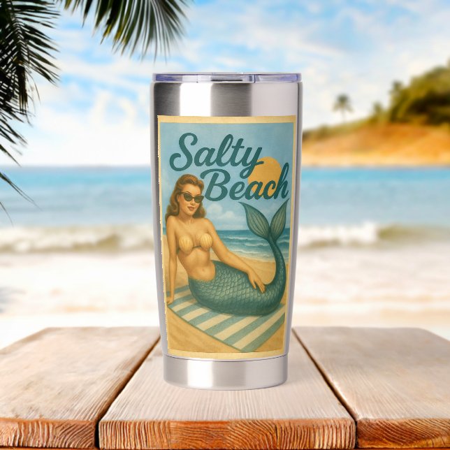 Gourde Isotherme Salty Beach Pin-Up Mermaid -Retro Coastal Life Art (Plage (pivotée))
