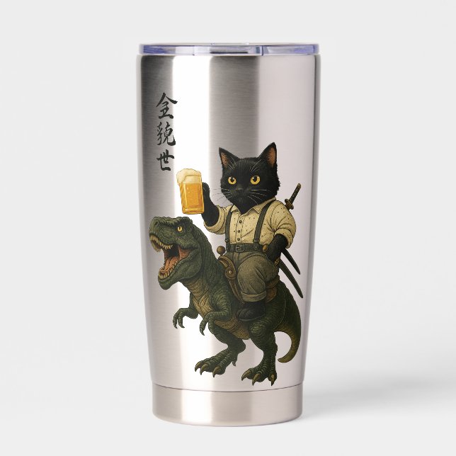 Gourde Isotherme Samurai Cat with Beer & T-Rex | Retro Japanese Art (Extérieur)