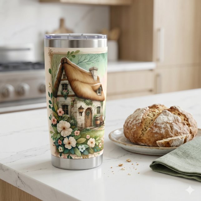 Gourde Isotherme Scène de courtepointure patchwork de lutin de chau (Cottage Leprechaun Patchwork Quilt Scene Insulated Tumbler)