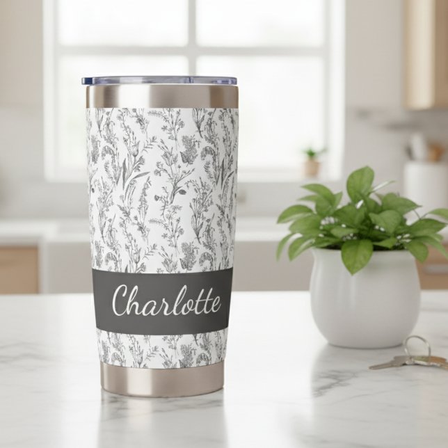 Gourde Isotherme Toile Florale Noir Blanc Nom Personnalisé (elegant vintage black and white toile chinoiserie pattern tumbler with custom name monogram for gift)