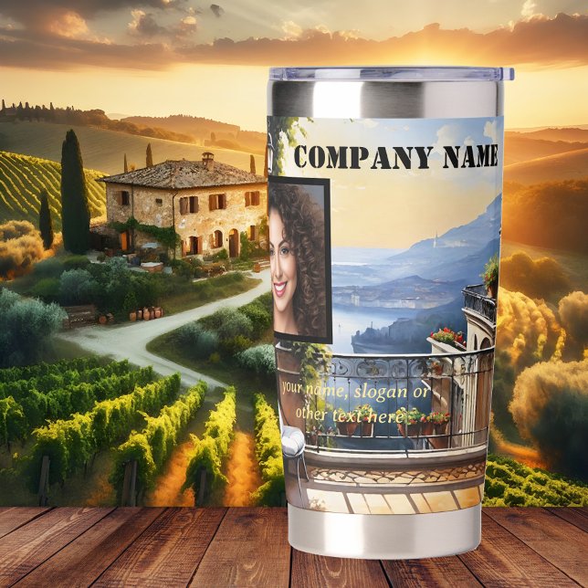 Gourde Isotherme Travel Destination Logo Photo Business (Travel destination thermal tumbler featuring your custom logo, photo and texts)