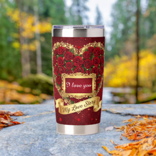 Gourde Isotherme Tumbler Histoire d'Amour Roses Rouges Paillettes D