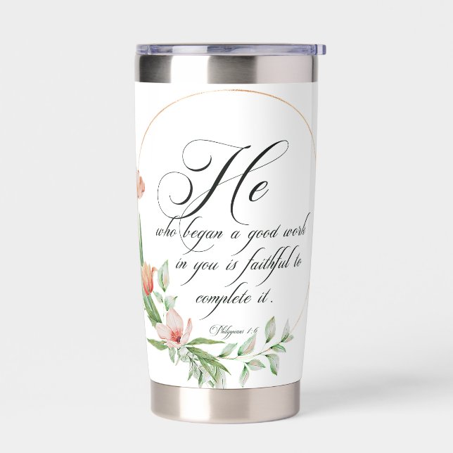 Gourde Isotherme Un bon travail, cadre de tulipes roses (Gauche)