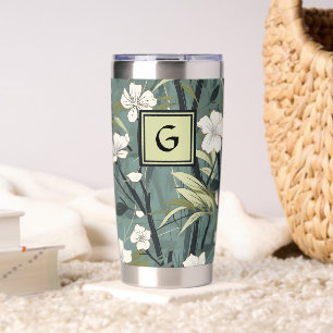 Gourde Isotherme Vert sauge Chinoiserie Floral Initiale Blanche 