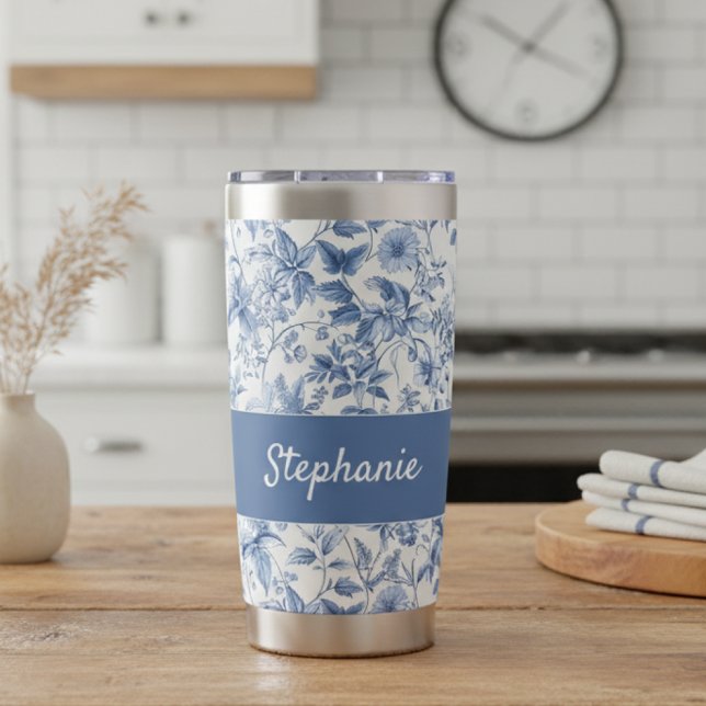Gourde Isotherme Vintage Blue Floral Toile Monogram (Créateur téléchargé)