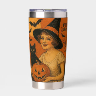 Gourde Isotherme Vintage/rétro Happy Halloween sorcière, chat, citr