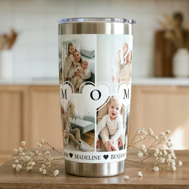 Gourde Isotherme We Love You Mom Heart Personalized Photo Collage (We Love You Mom Heart Personalized Photo Collage Insulated Tumbler)