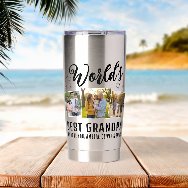 Gourde Isotherme World's Best Grandpa Custom 3 Photo Collage (Plage (pivotée))