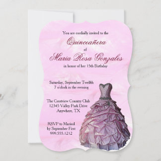 Gown rose et plumes Quinceañera Invitations