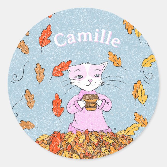Graceful Cat Fall Kid Sticker with Name (Devant)