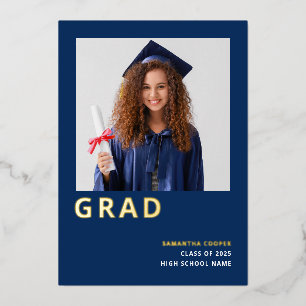Grad 2025 Real Gold Foil Faire-part bleu