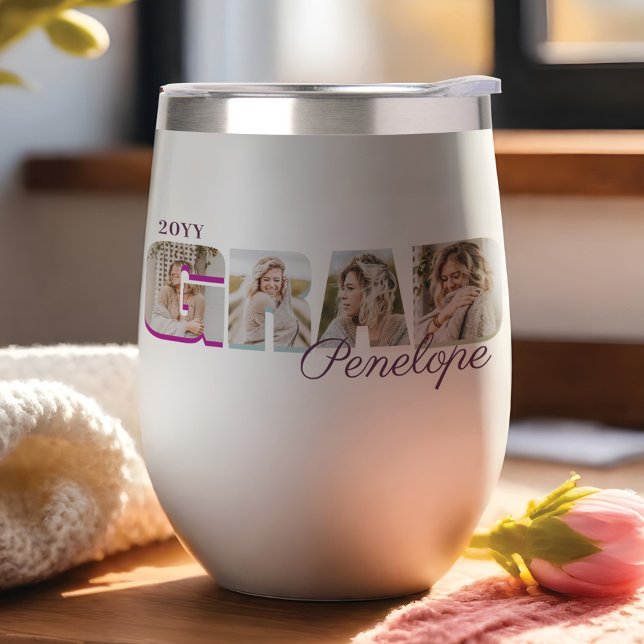 GRAD Bold Type Graduate Four Photos Nom personnali (GRAD Bold Type Graduate Four Photos Custom Name Thermal Wine Tumbler)