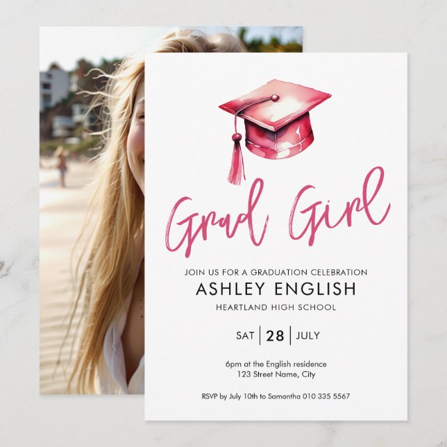 Grad Girl Pink Graduation Invitation (Devant / Derrière)
