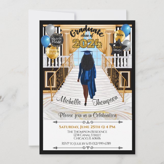 Grad Invitation Afro-Américaine Blue Gown (Devant)