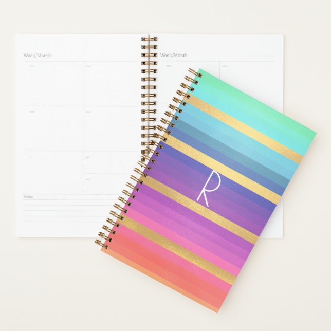 Gradient Pastel Stripes Planificateur Monogramme (Devant avec enveloppe)