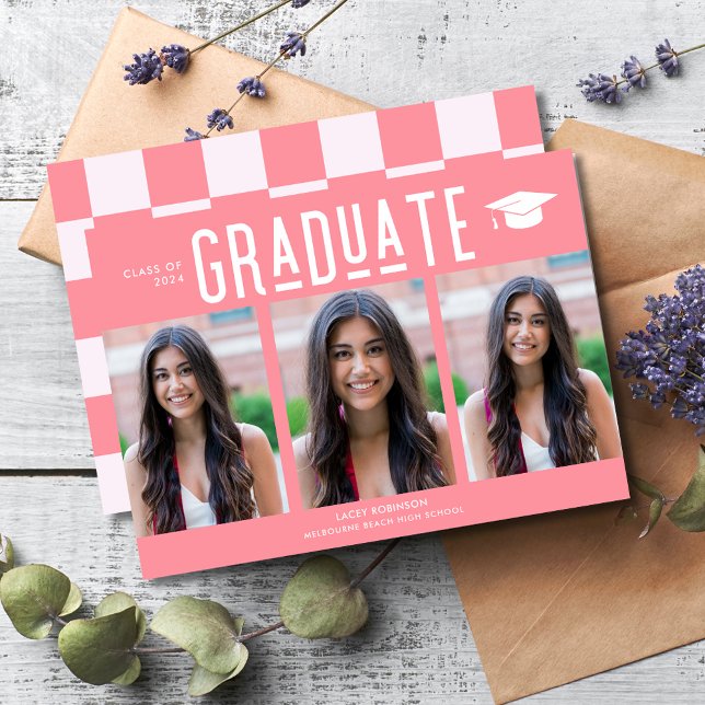 Graduate Pink 3 Photo Lycée Graduate (Graduate Pink 3 Photo High School Graduation Announcement )