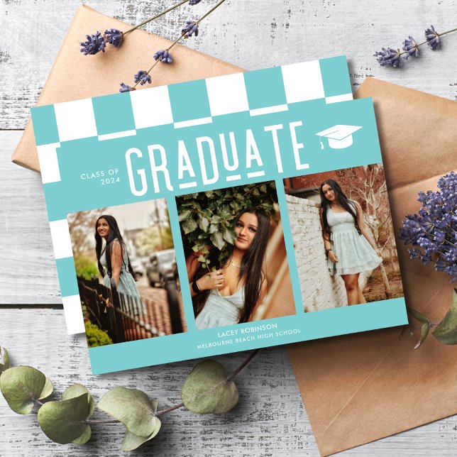 Graduate Turquoise Checkerboard 3 Photo Graduation (Graduate Teal Checkerboard 3 Photo Graduation Announcement)