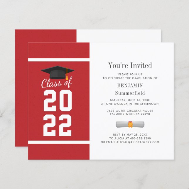 Graduation 2025 Minimaliste Red White Invitation (Devant / Derrière)