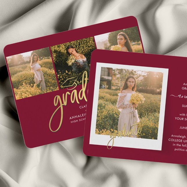 Graduation 2025 Photo Collage Grad Faire-part (Graduation 2024 Burgundy Photo Collage Script Grad Announcement)