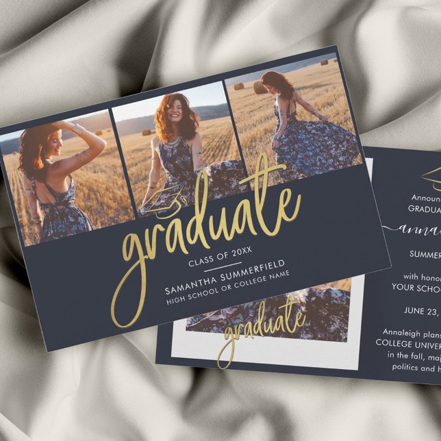 Graduation 2025 Photo Collage Grad Faire-part (Graduation 2024 Gold Foil Script Photo Collage Announcement)