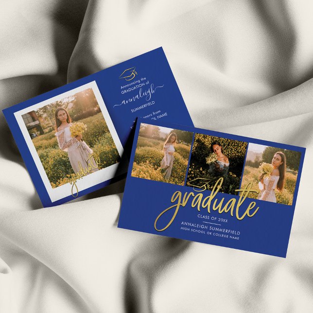 Graduation 2025 Photo Collage Grad Faire-part (Graduation Script Photo Collage Royal Blue Announcement)
