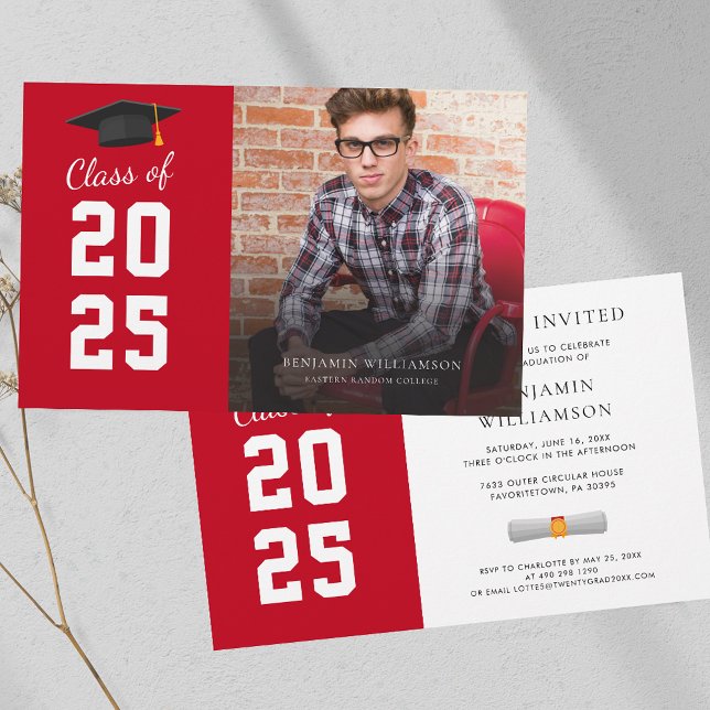 Graduation 2025 Photo Red White Party Invitation (Graduation 2025 Party Red White Elegant Invitation)