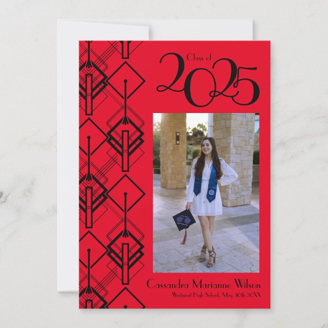 Graduation Art Déco Faire-part rouge noir (Devant)