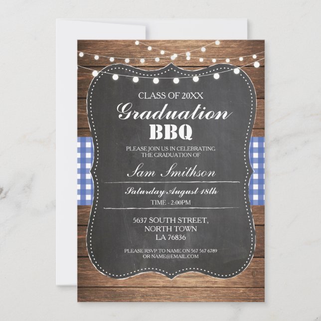 Graduation BBQ Invitation Blue Rustic Chalk (Devant)