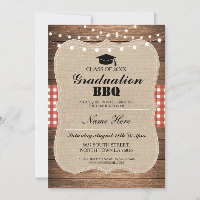 Graduation BBQ Invitation Red Rustic Wood (Devant)