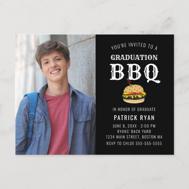 Graduation BBQ Party Black White Invitation (Devant)