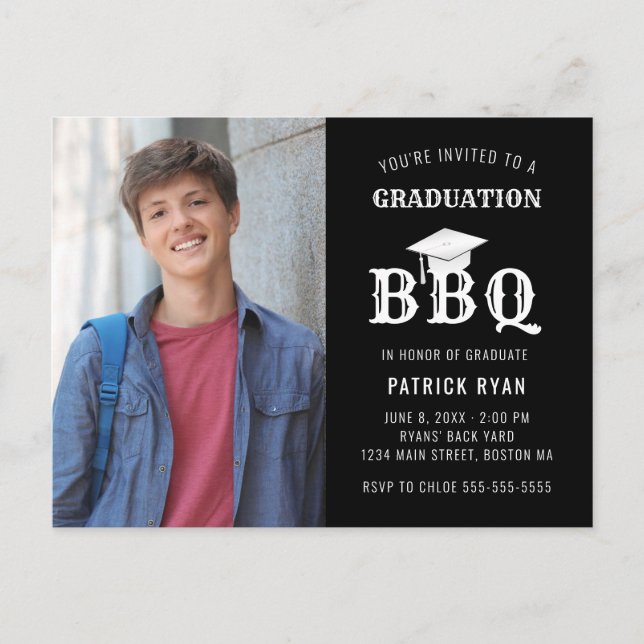 Graduation BBQ Party Black White Photo Invitation (Devant)