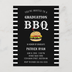 Graduation BBQ Party Black White Stripe Invitation
