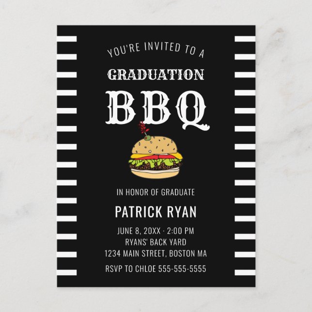 Graduation BBQ Party Black White Stripe Invitation (Devant)