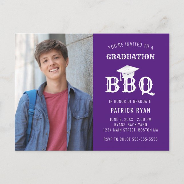 Graduation BBQ Party Purple White Photo Invitation (Devant)