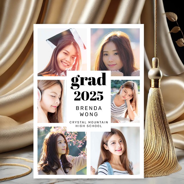 Graduation Blanc 6 Photo Collage noir Script (Modern White and Black Six Photo Graduation Announcement)