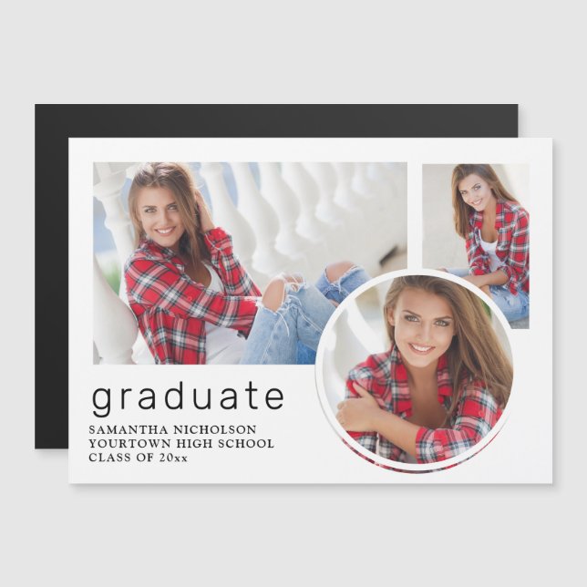Graduation blanche 3 Photo Collage Faire-part (Devant / Derrière)