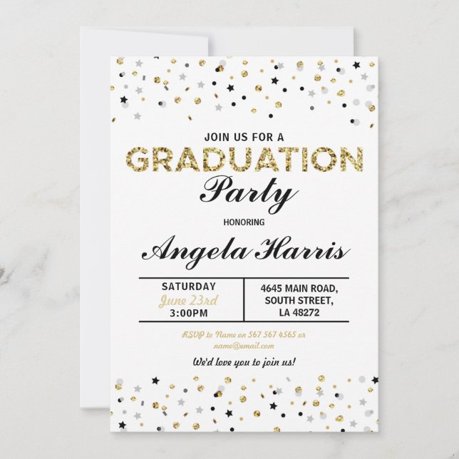 Graduation Gold Invitation Party Polka Dot Stars (Devant)