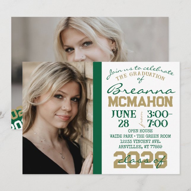 Graduation Green, Gold & White 2 Invitation photo (Devant / Derrière)